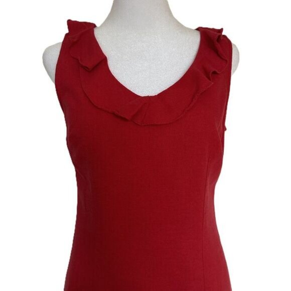 Vintage Mary McFadden Ruffle Shift Dress Size 6 Red Sleeveless Linen - Picture 2 of 6